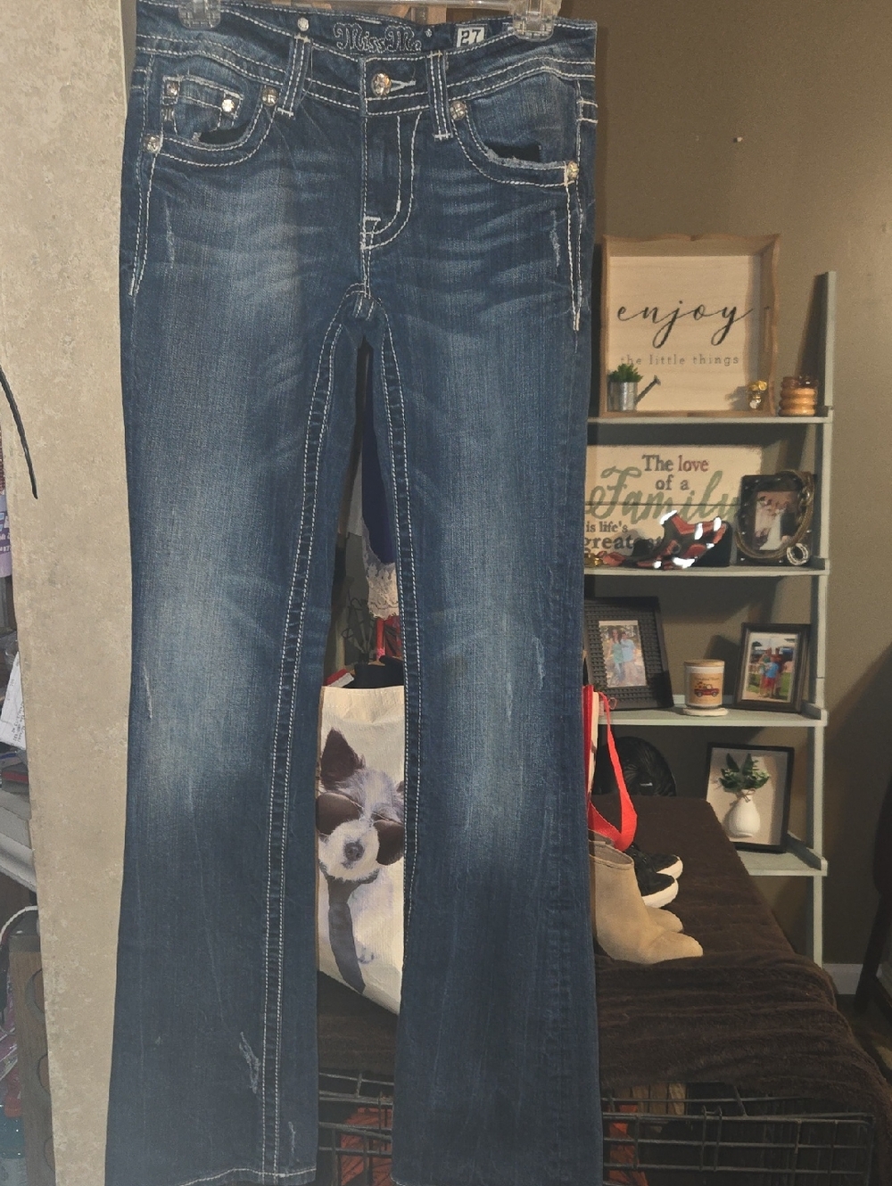 Miss Me Calfskin Star Bootcut Dark Blue Jeans with Contrast Stitching